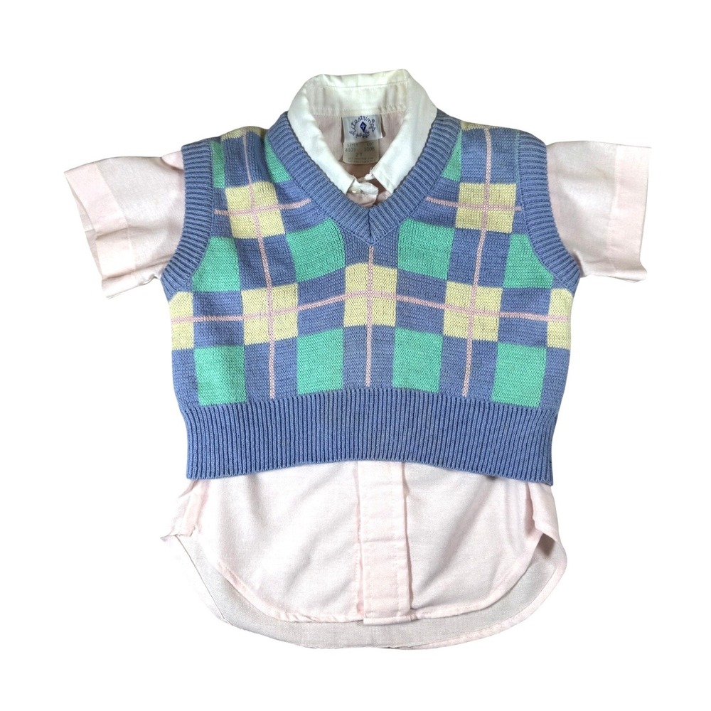 Vintage Kitestrings Baby 2pc Set‎ Plaid Sweater Vest Button Down Shirt Preppy